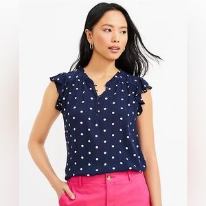 NWT Loft Dotted Ruffle Button Mixed Media Top, Size Large